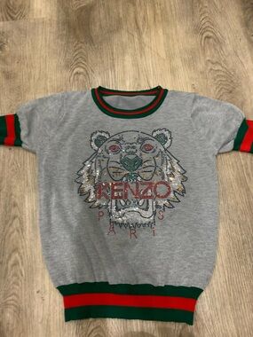 Kenzo Gray Sweater with Embellished Tiger and Red-Green Trim